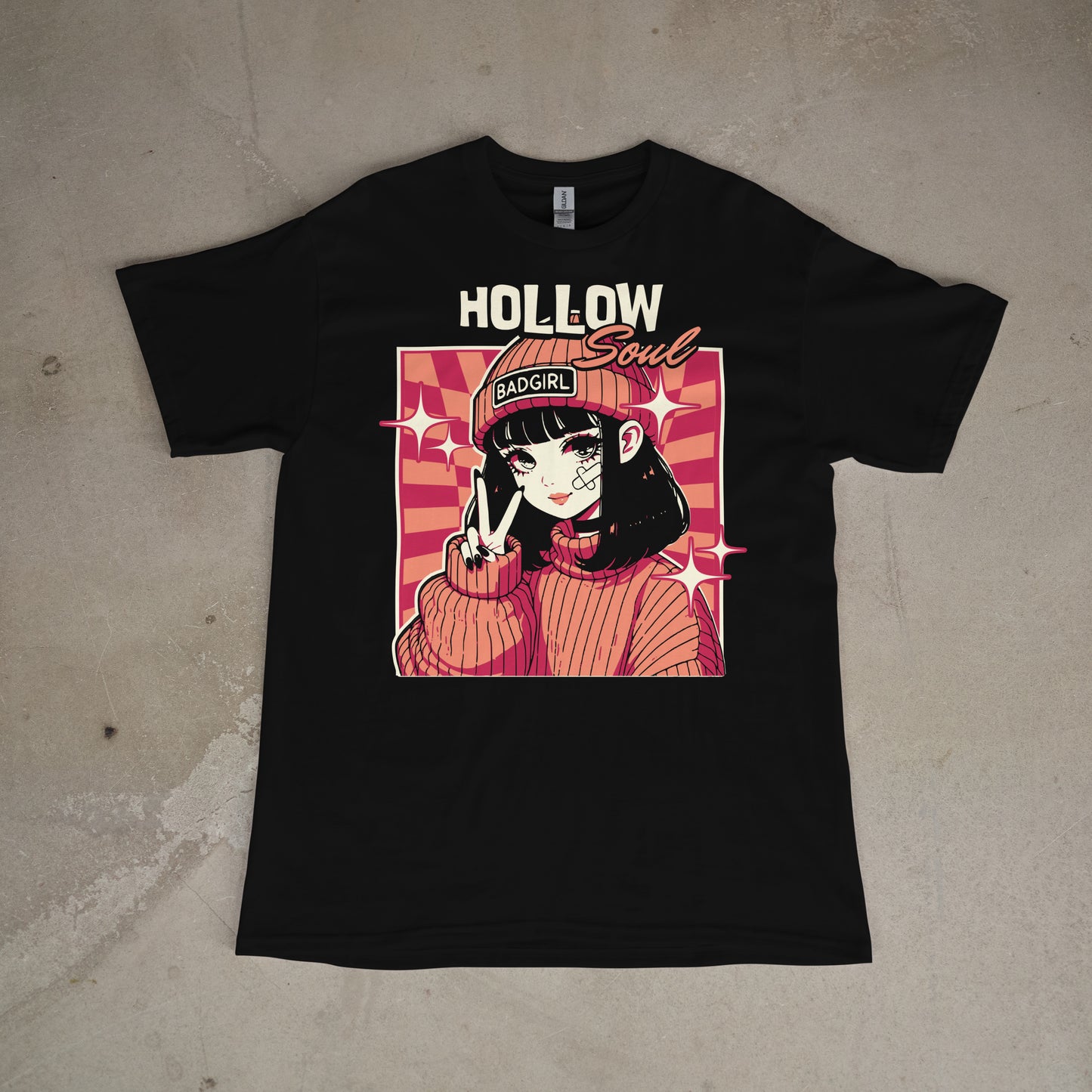 Black t-shirt with an anime-style graphic and 'Hollow Soul' text on a concrete surface