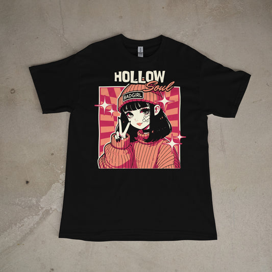 Black t-shirt with an anime-style graphic and 'Hollow Soul' text on a concrete surface